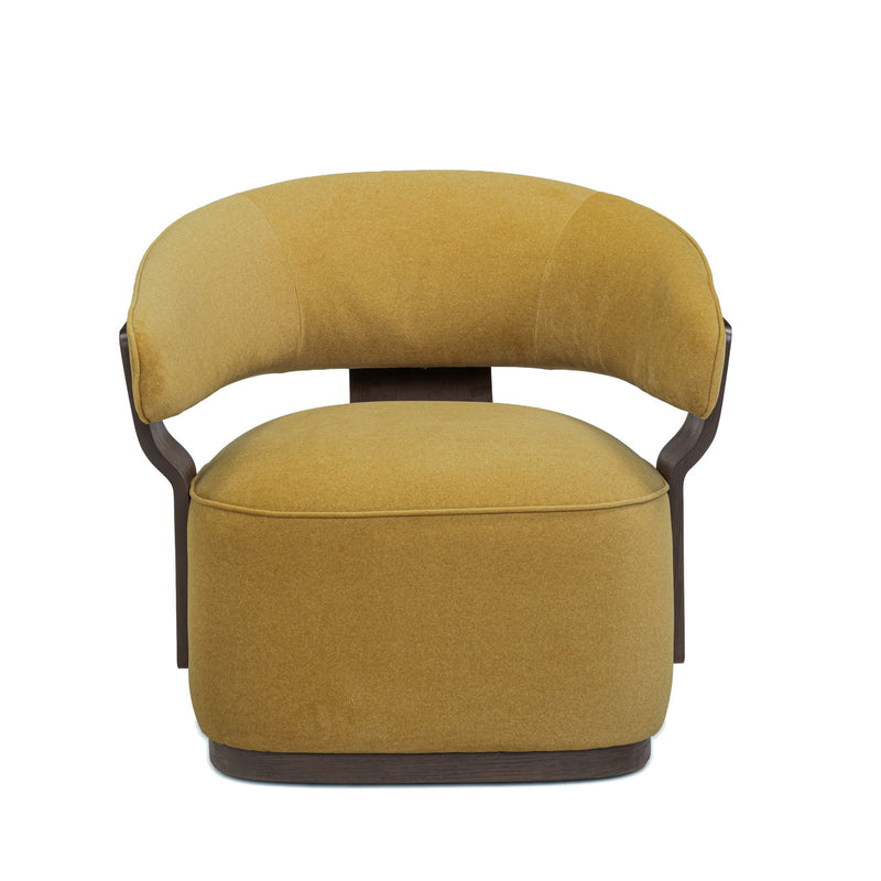 Swivel accent chair in mustard-gold fabric with rounded seat, curved back, dark wood base