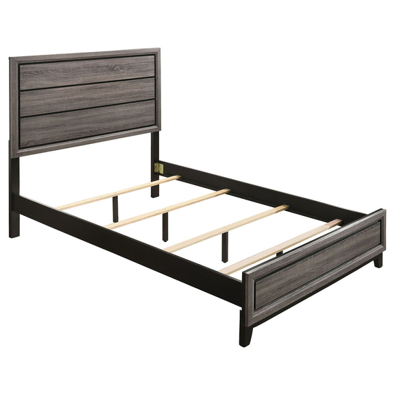 Dark gray wood platform bed with slat support and two side drawers, matching headboard
