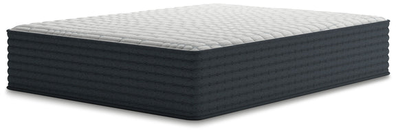 California king hybrid mattress with white quilted top and dark side panels.