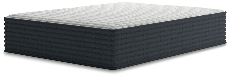 California king hybrid mattress with white quilted top and dark side panels.