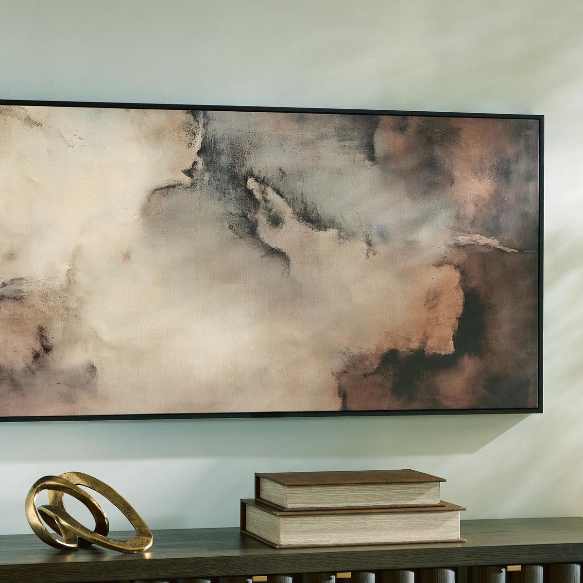 Horizontal framed abstract wall art with beige and brown, black, gray smoky textures