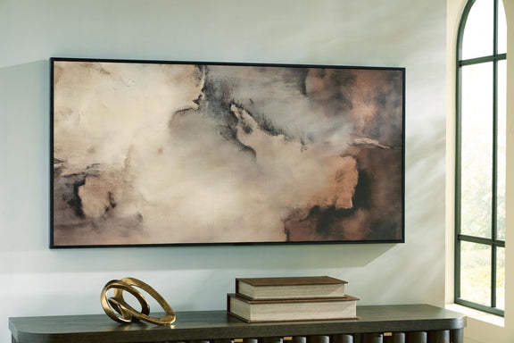 Horizontal framed abstract wall art with beige and brown, black, gray smoky textures