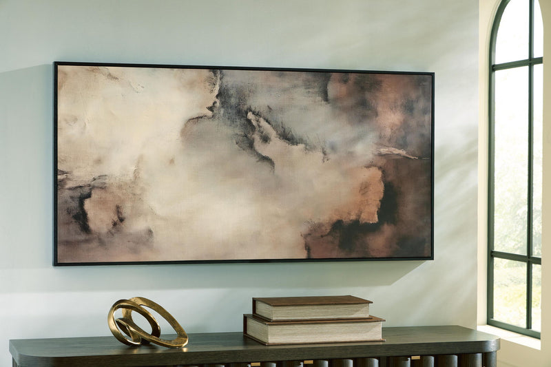 Horizontal framed abstract wall art with beige and brown, black, gray smoky textures