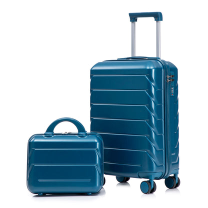Blue hard-shell spinner luggage set with combination lock and matching mini carry case