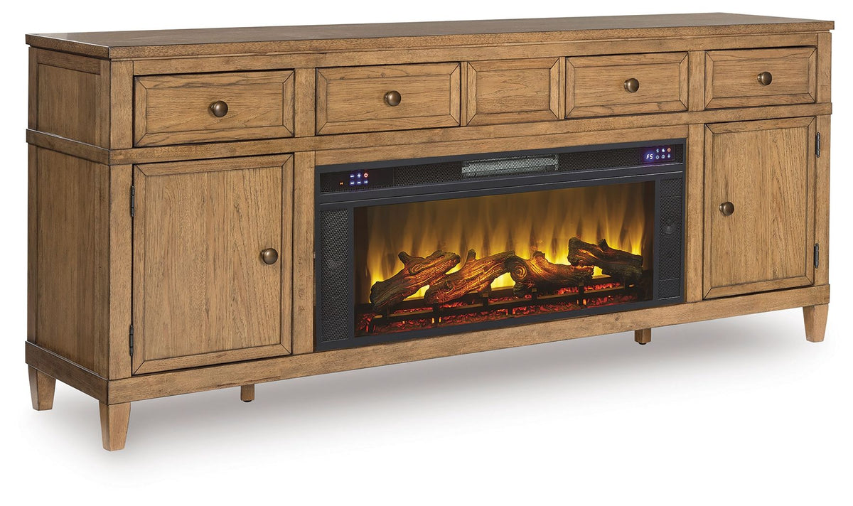Light brown TV stand with electric fireplace, two doors, three drawers, flame effect
