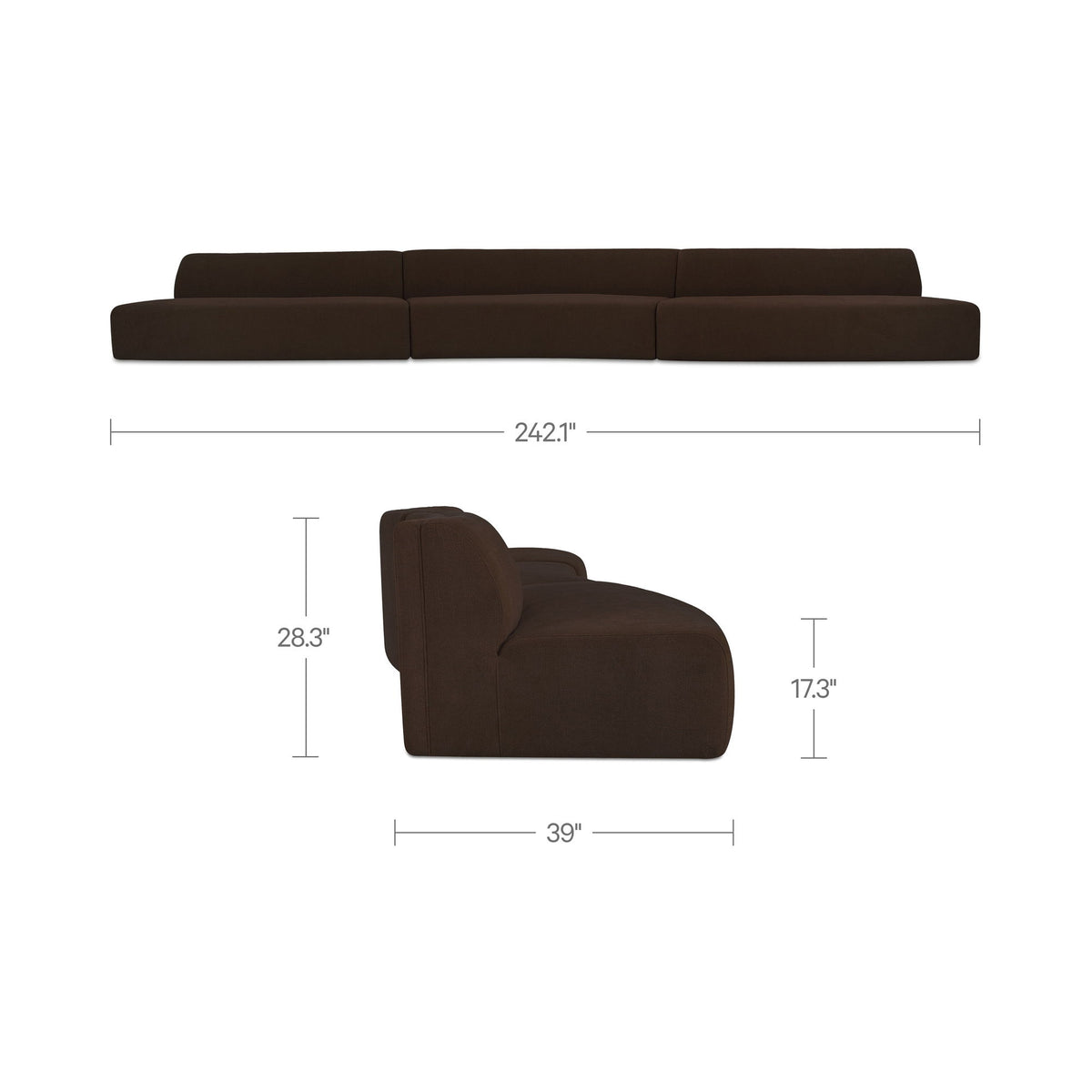 Dark brown modular sectional sofa with chaise end and dimension labels