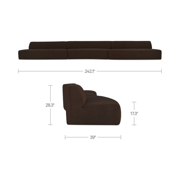 Dark brown modular sectional sofa with chaise end and dimension labels