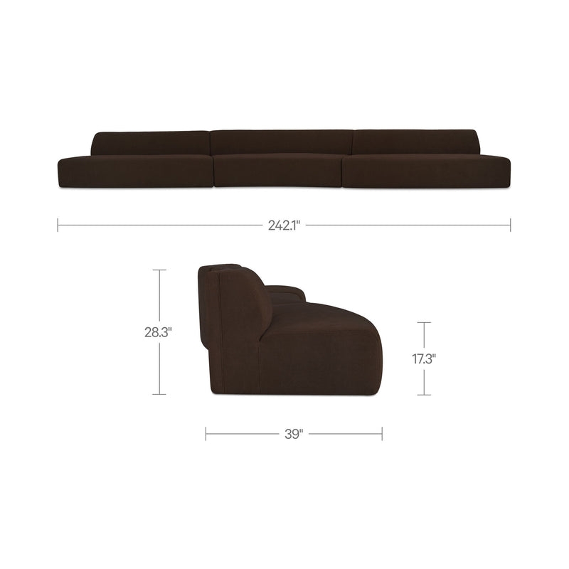 Dark brown modular sectional sofa with chaise end and dimension labels