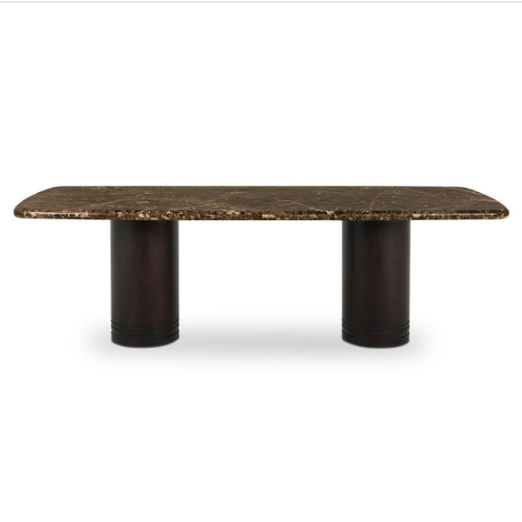 Dining table with dark brown marble slab top and two cylindrical pedestal legs