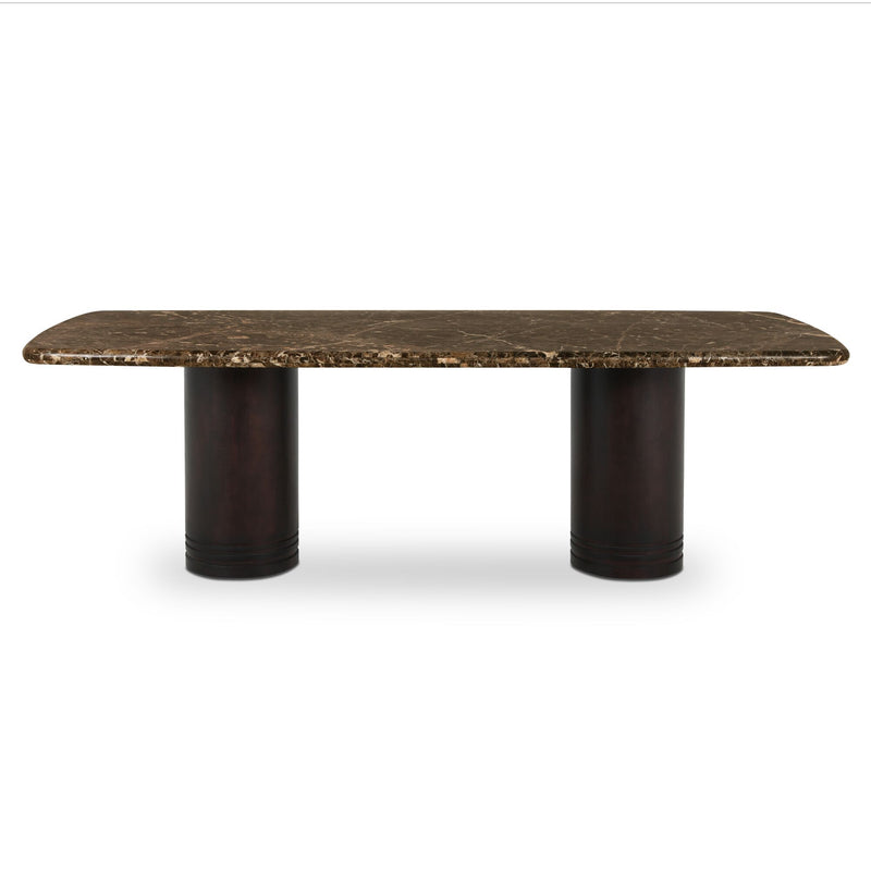 Dining table with dark brown marble slab top and two cylindrical pedestal legs
