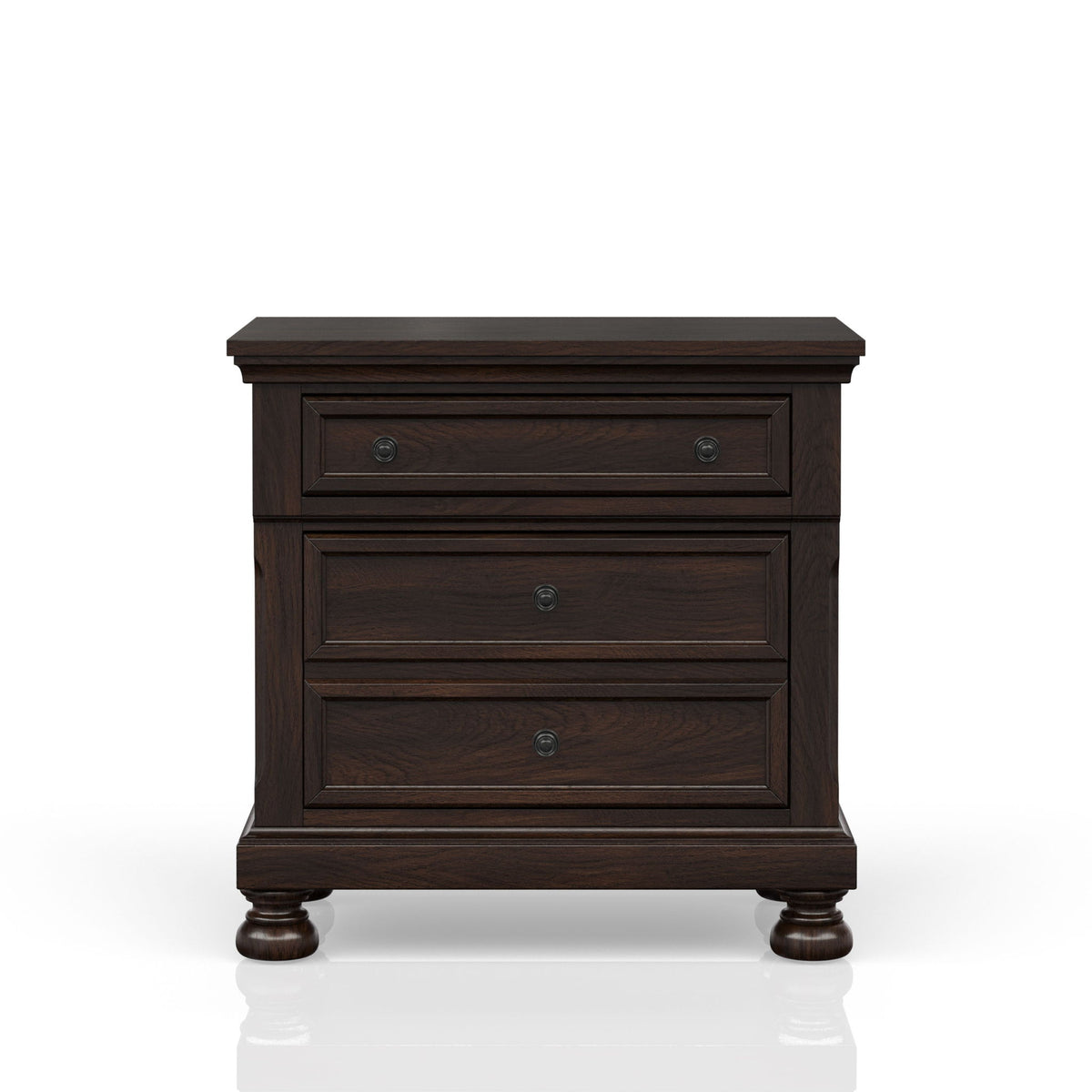 Dark brown nightstand with two drawers and round metal knobs