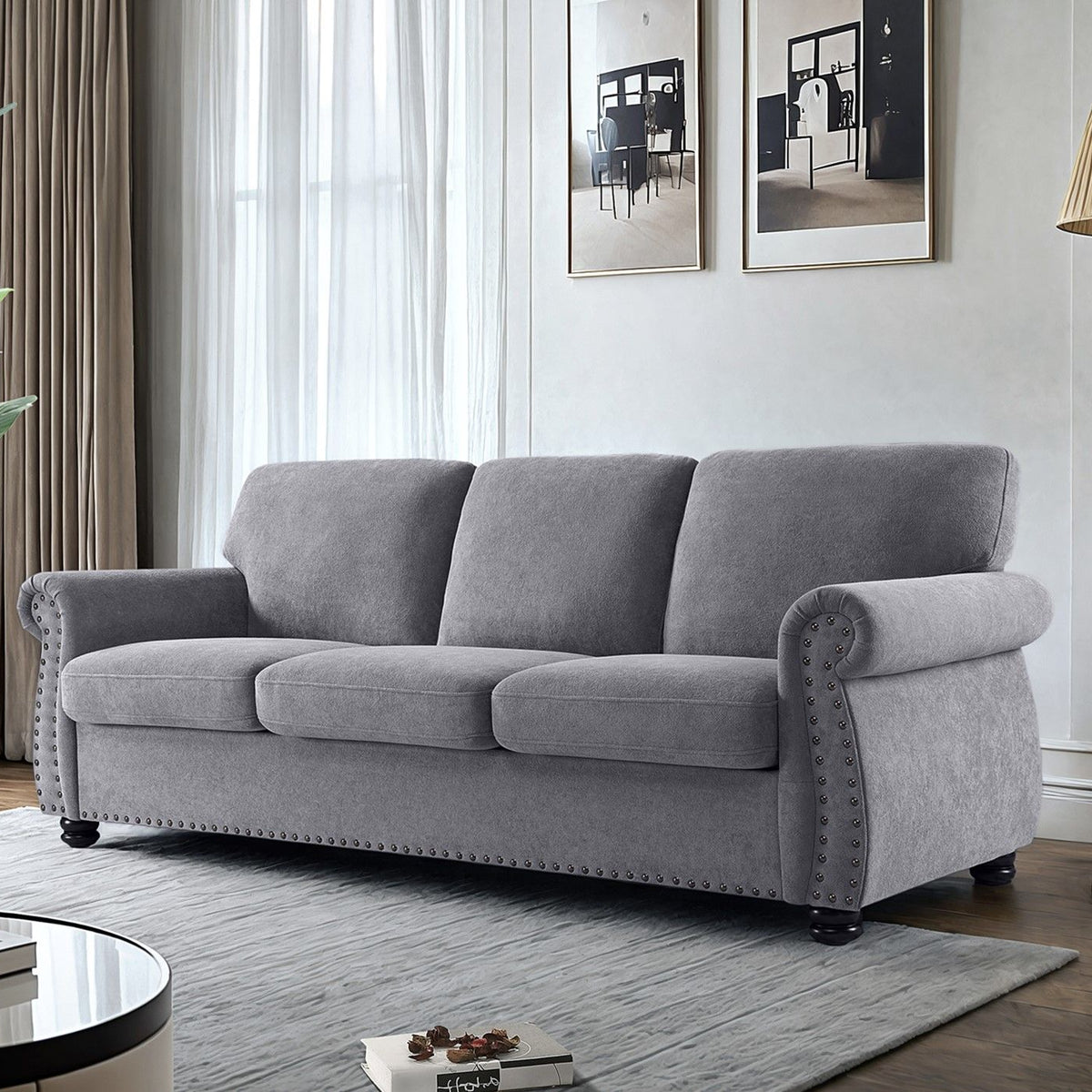 Soft Sofa, Upholstered 3 Seater Couch With High Density Foam, Loose Back Cushions And Turned Legs