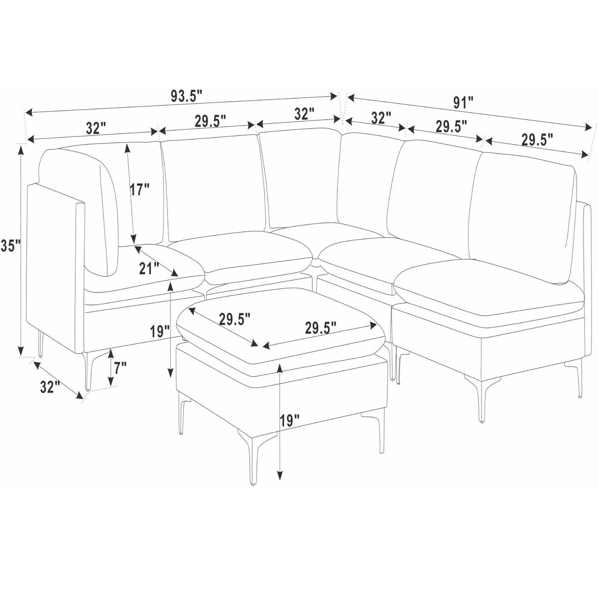 Dark gray modular sectional and ottoman layout diagram with measurements