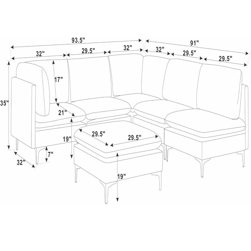 Dark gray modular sectional and ottoman layout diagram with measurements
