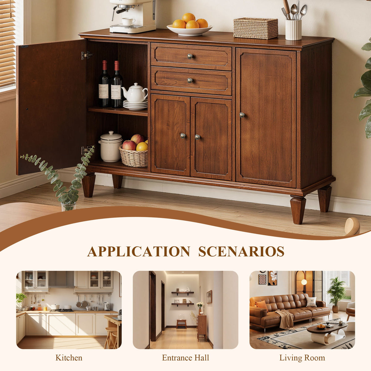 Dark brown sideboard with one door open, revealing shelves and cabinet storage