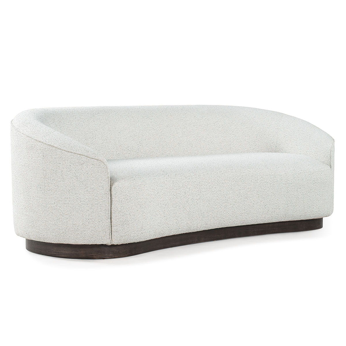 Upholstered ottoman with rounded arms, light textured fabric and dark wood base
