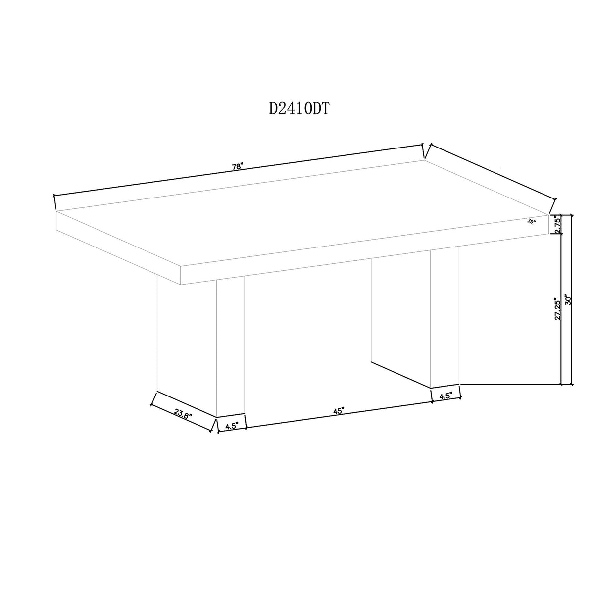 Rectangular dining table dimension sketch with gray top and dark base