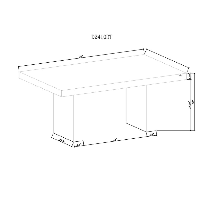 Rectangular dining table dimension sketch with gray top and dark base