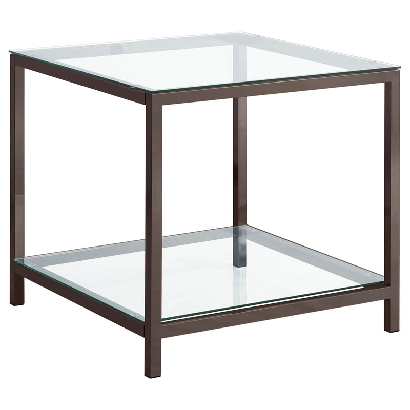 Glass top and lower shelf side end table with dark metal frame, square design.