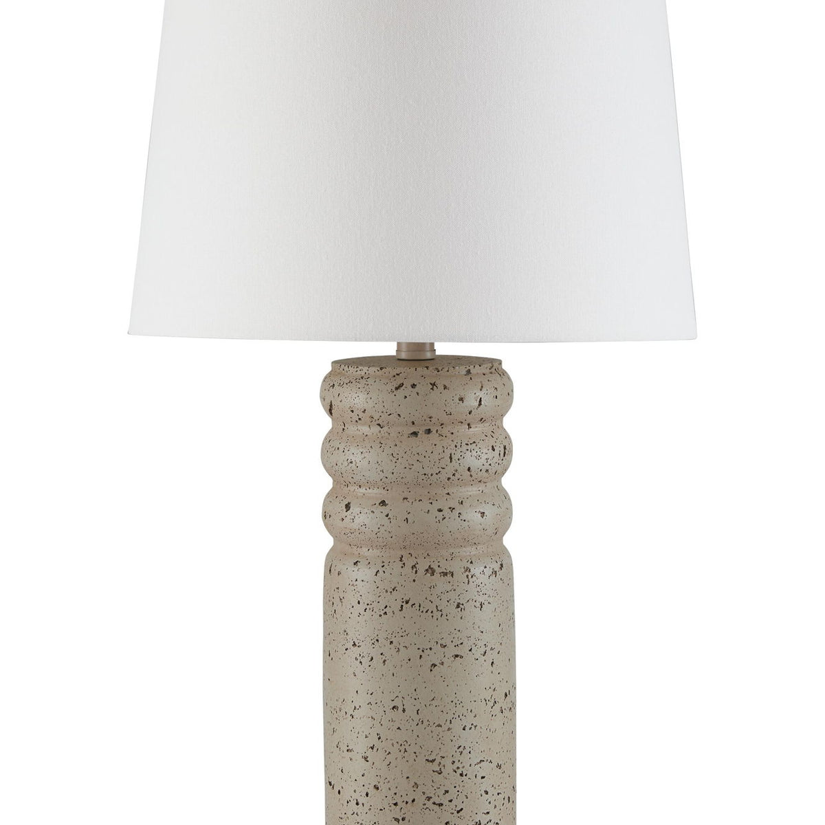 Beige speckled poly table lamp, white drum shade on speckled column base