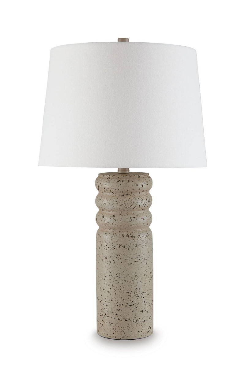 Beige speckled poly table lamp, white drum shade on speckled column base