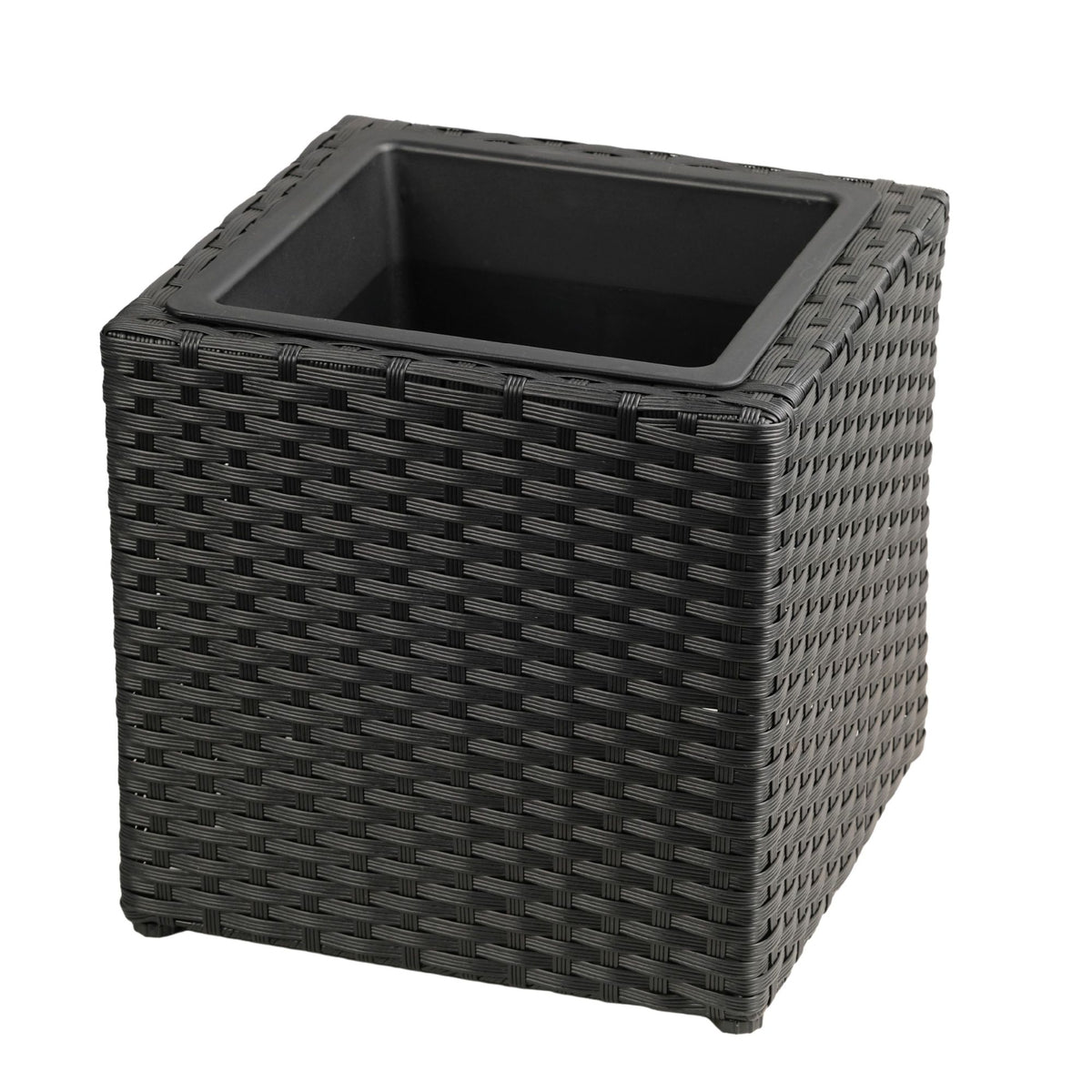 Black square planter with a woven texture and removable inner insert.