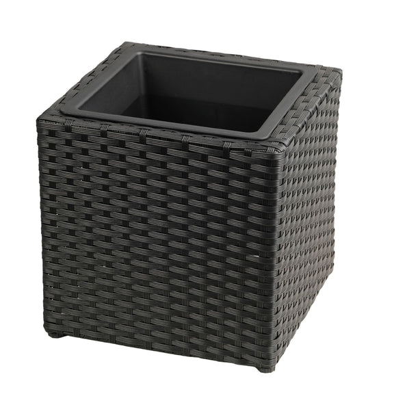 Black square planter with a woven texture and removable inner insert.