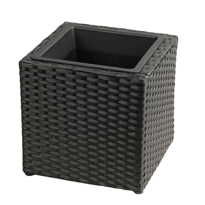 Black square planter with a woven texture and removable inner insert.