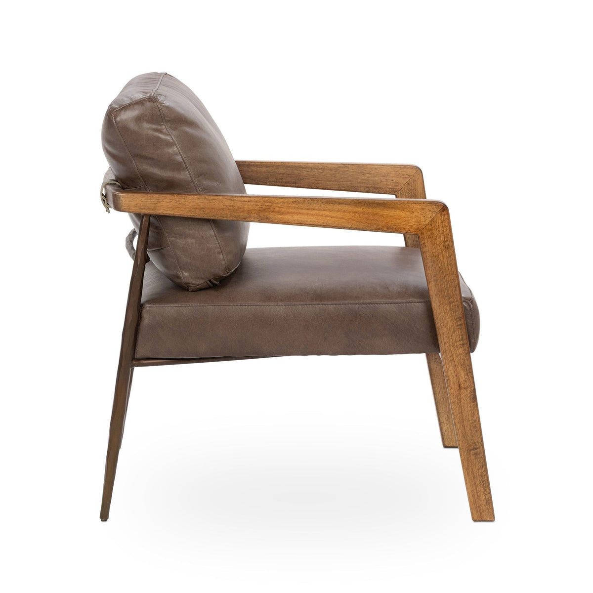 Truffle brown accent chair angled view with rolled back cushion and armrest