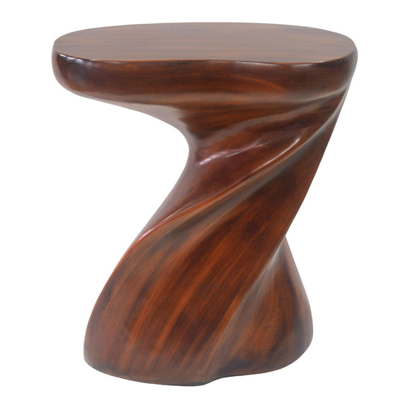 Twisted sculptural side table with round top and dark brown finish
