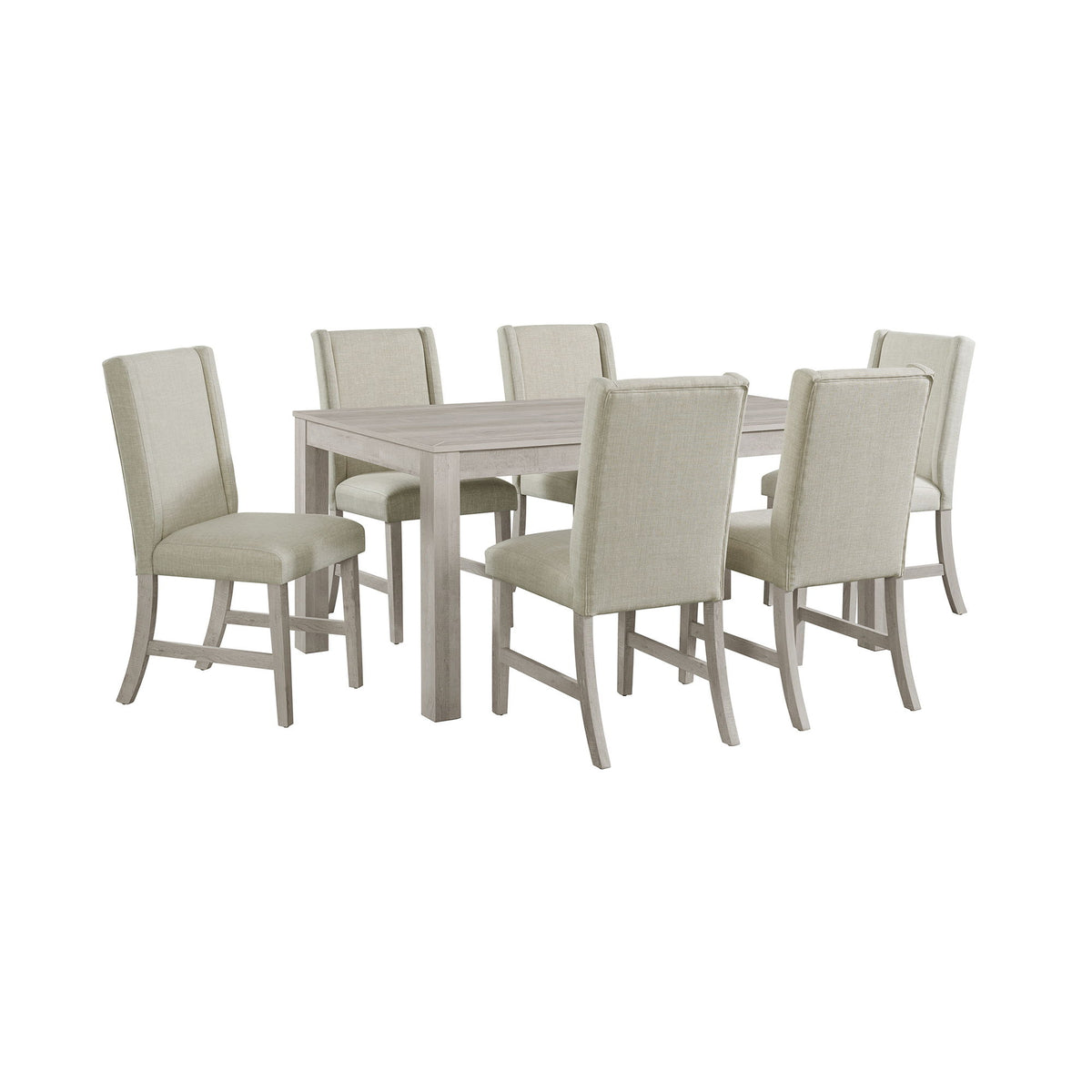 Dining set with white square table and 4 light-beige upholstered dining chairs