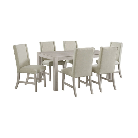 Dining set with white square table and 4 light-beige upholstered dining chairs