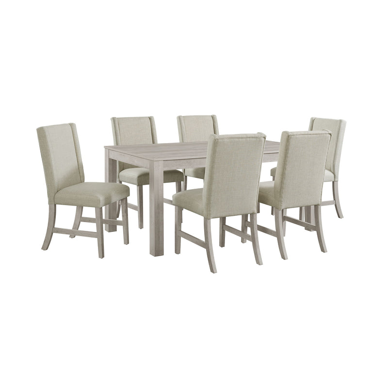 Dining set with white square table and 4 light-beige upholstered dining chairs