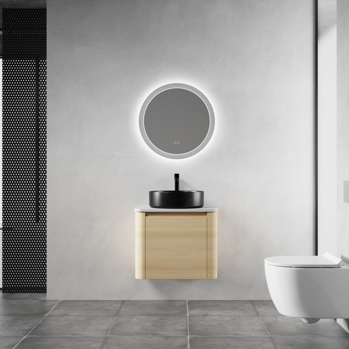 Bathroom vanity with two doors, light wood finish, white top, black round vessel sink