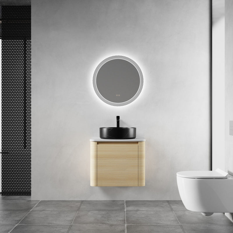 Bathroom vanity with two doors, light wood finish, white top, black round vessel sink