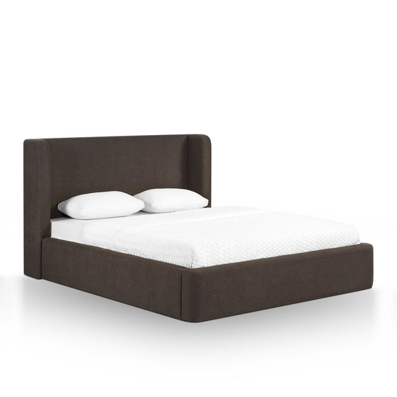 Upholstered platform bed with tall headboard, dark brown fabric frame with white pillows