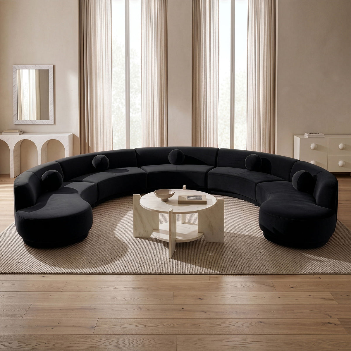 Black performance velvet sectional sofa with curved seating and round tufted cushions