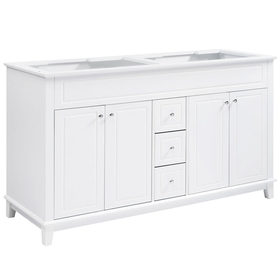 White bathroom vanity cabinet with 4 panel doors and a center 3-drawer column