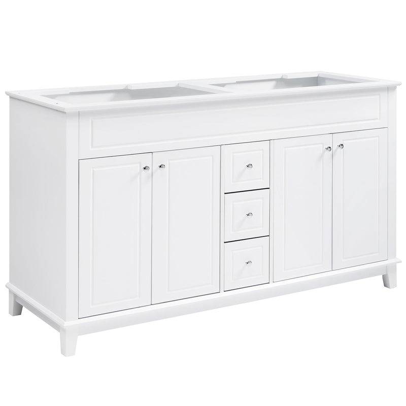 White bathroom vanity cabinet with 4 panel doors and a center 3-drawer column