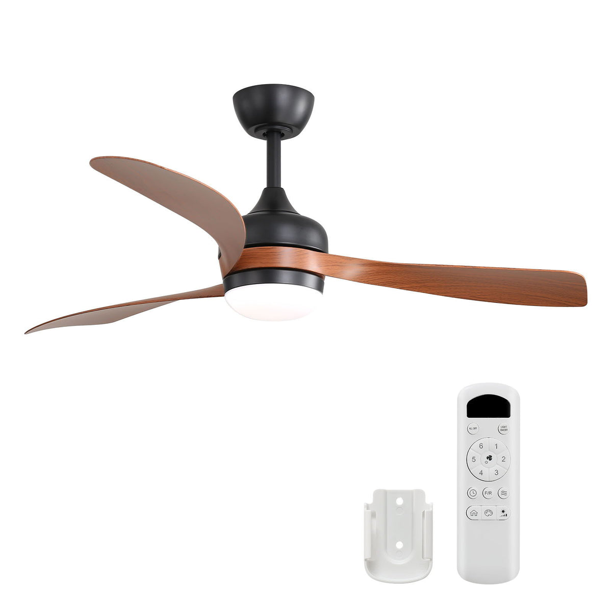 Dark brown 3-blade ceiling fan with frosted light and remote control
