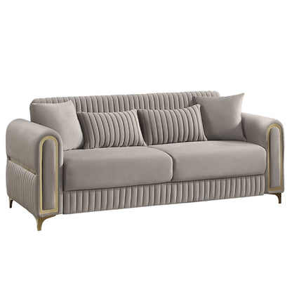 Sofa with light gray upholstery, ribbed back detail, padded arms, gold trim and legs