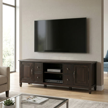 Dark brown wide TV stand with cabinet doors, drawers, and center media shelf