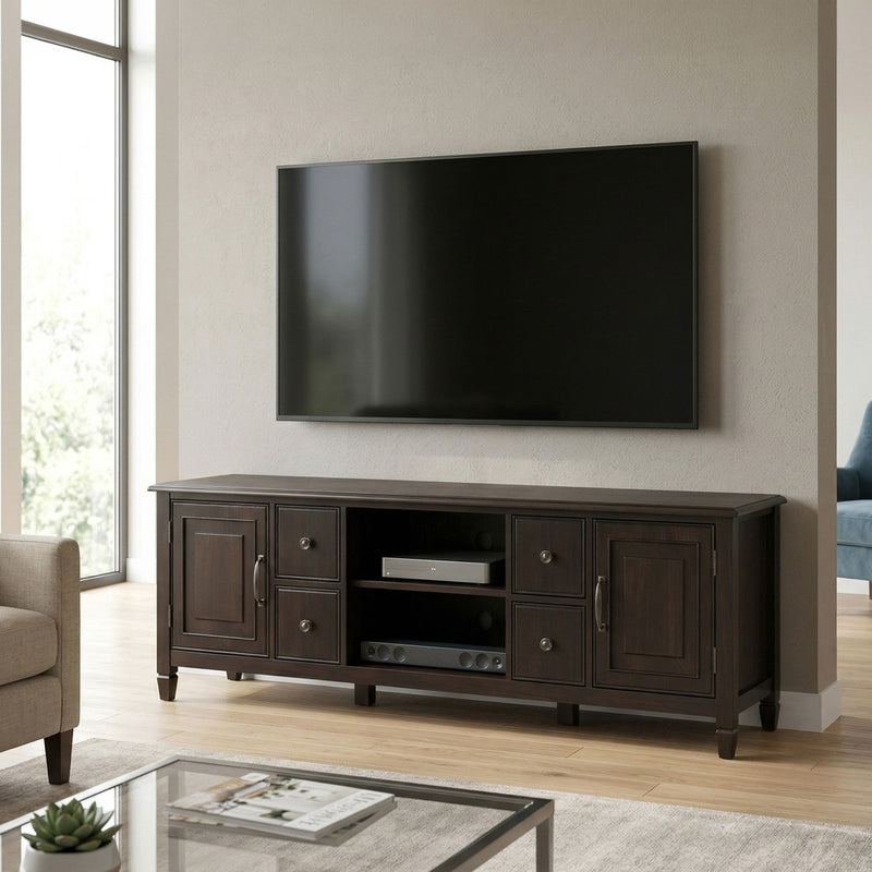 Dark brown wide TV stand with cabinet doors, drawers, and center media shelf