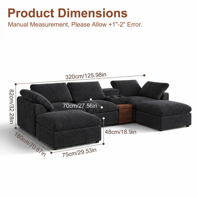 Dark gray modular sectional sofa set with storage console and ottoman seating