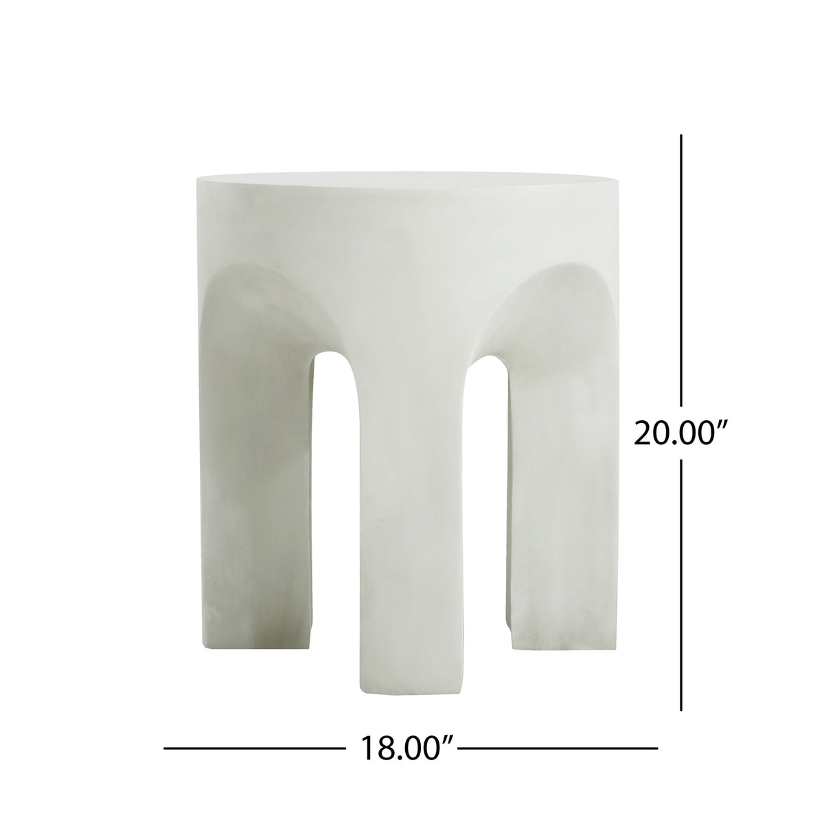 Antique white round top end table, 18 in wide and 20 in tall, arched cutouts