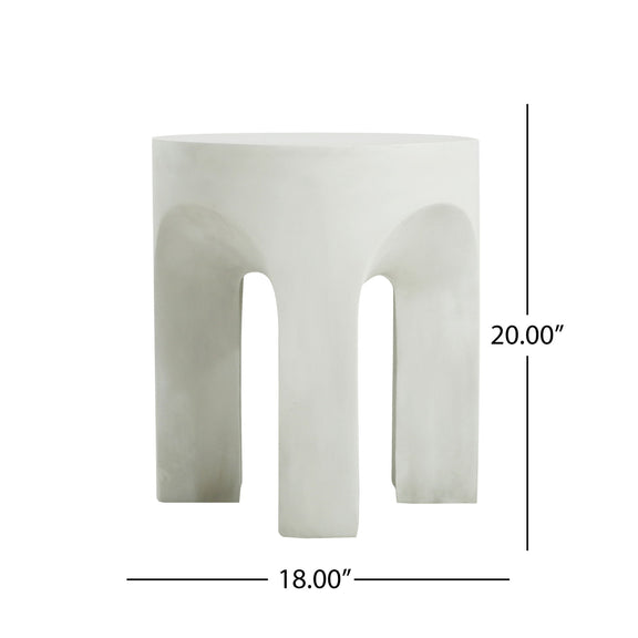 Antique white round top end table, 18 in wide and 20 in tall, arched cutouts