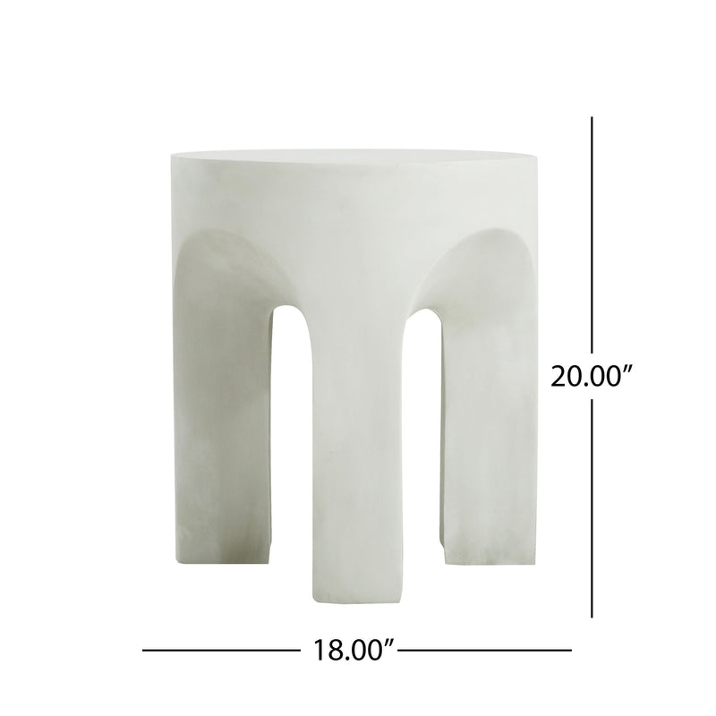 Antique white round top end table, 18 in wide and 20 in tall, arched cutouts