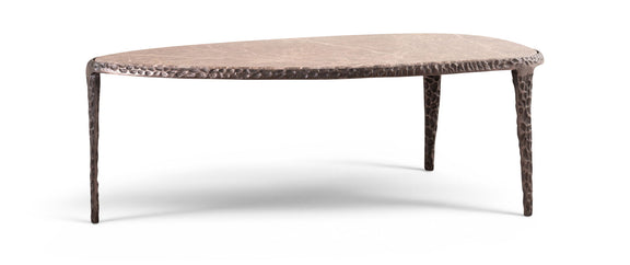 Low round marble-top table with four slim metal legs, textured aluminum base