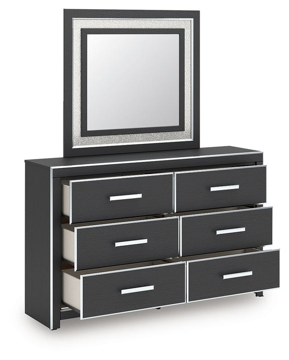 Six-drawer dresser with square mirror, dark finish, drawers slid open, white bar pulls