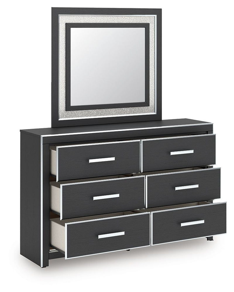 Six-drawer dresser with square mirror, dark finish, drawers slid open, white bar pulls